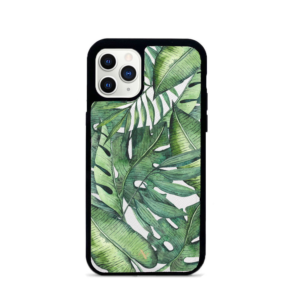 MAAD Tropical Plants Creta iPhone 11 Pro Leather Case in genuine saffiano leather with rubber rim, showcasing personalization options.